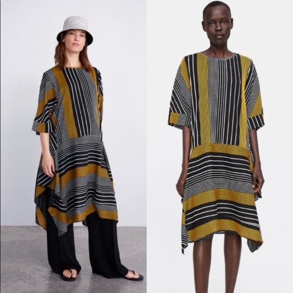 Zara Dresses & Skirts - ZARA Striped LARGE Oversized Drop Waist Knit Dress Asymmetrical Hem Large